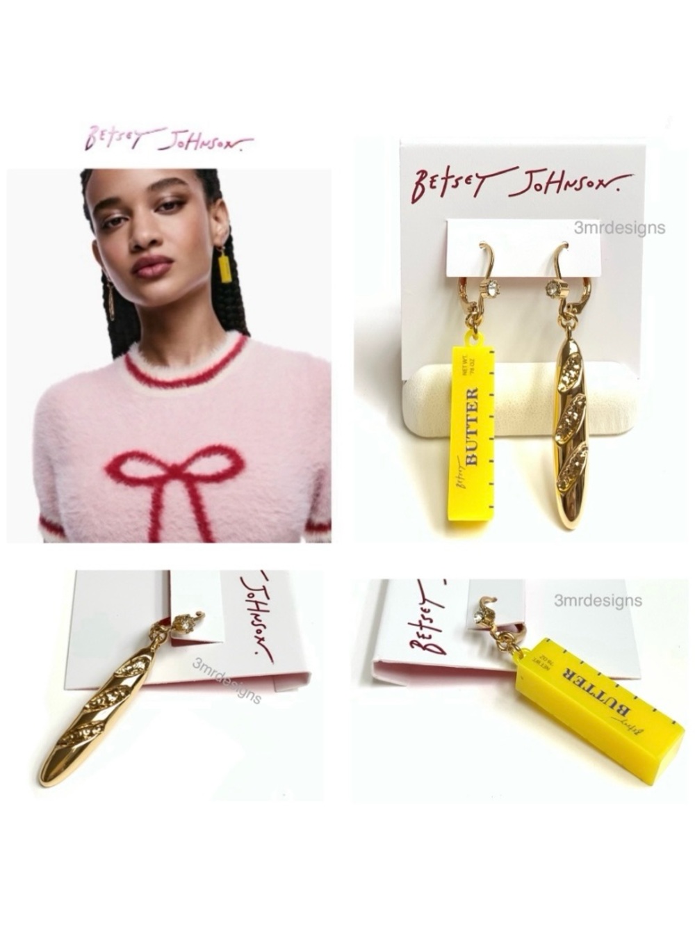 NWT Betsey Johnson 💋BREAD N BUTTER Gold Tone Mismatched Drop Earrings